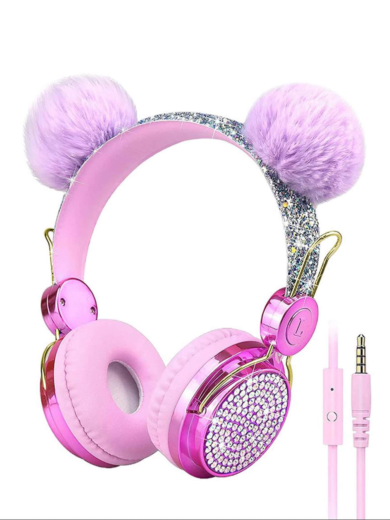 Kids Ear Design Rhinestone Decor Wired Headset