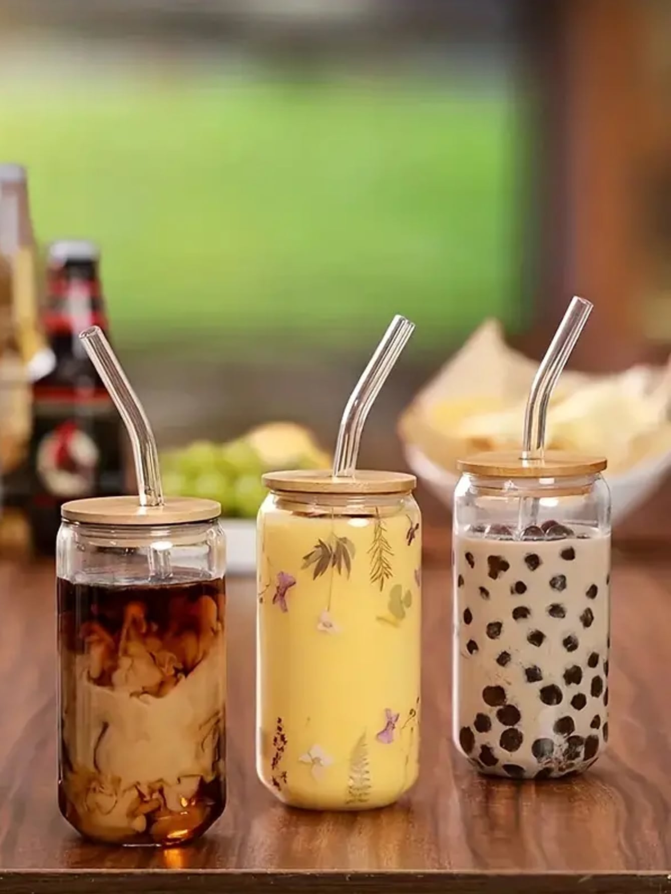 1pc/4pcs 400ml/500ml Transparent Glass Cup With Lid And Straw