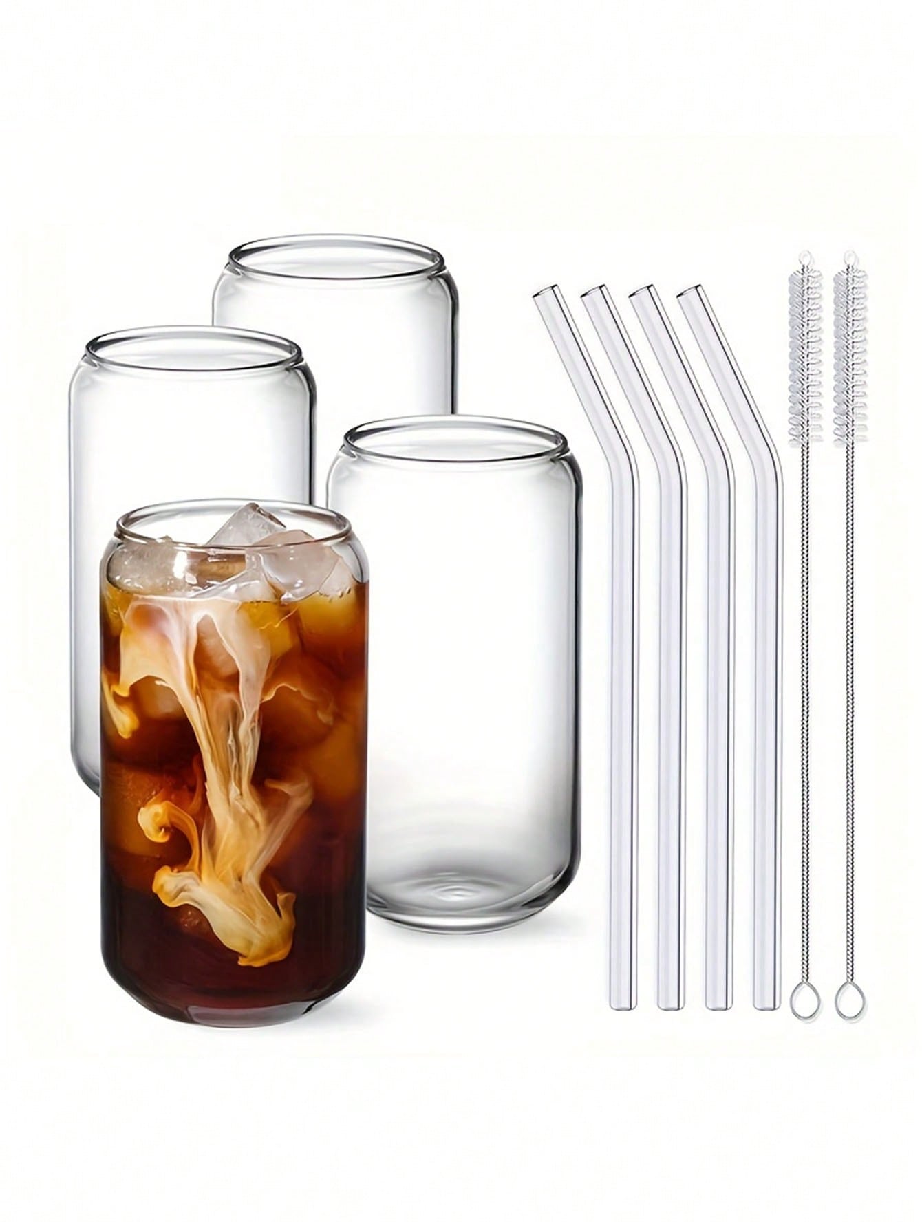 1pc/4pcs 400ml/500ml Transparent Glass Cup With Lid And Straw