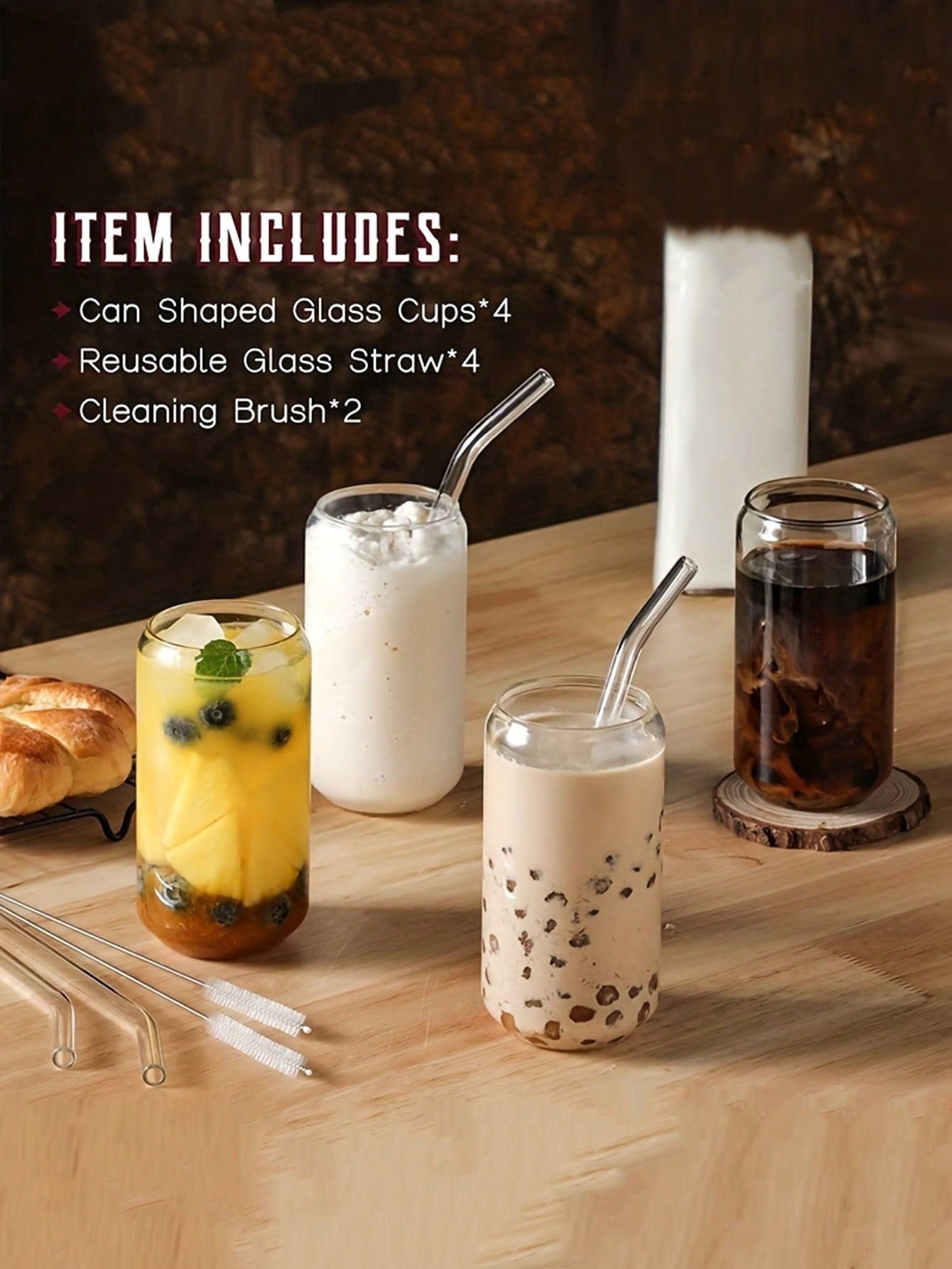 1pc/4pcs 400ml/500ml Transparent Glass Cup With Lid And Straw