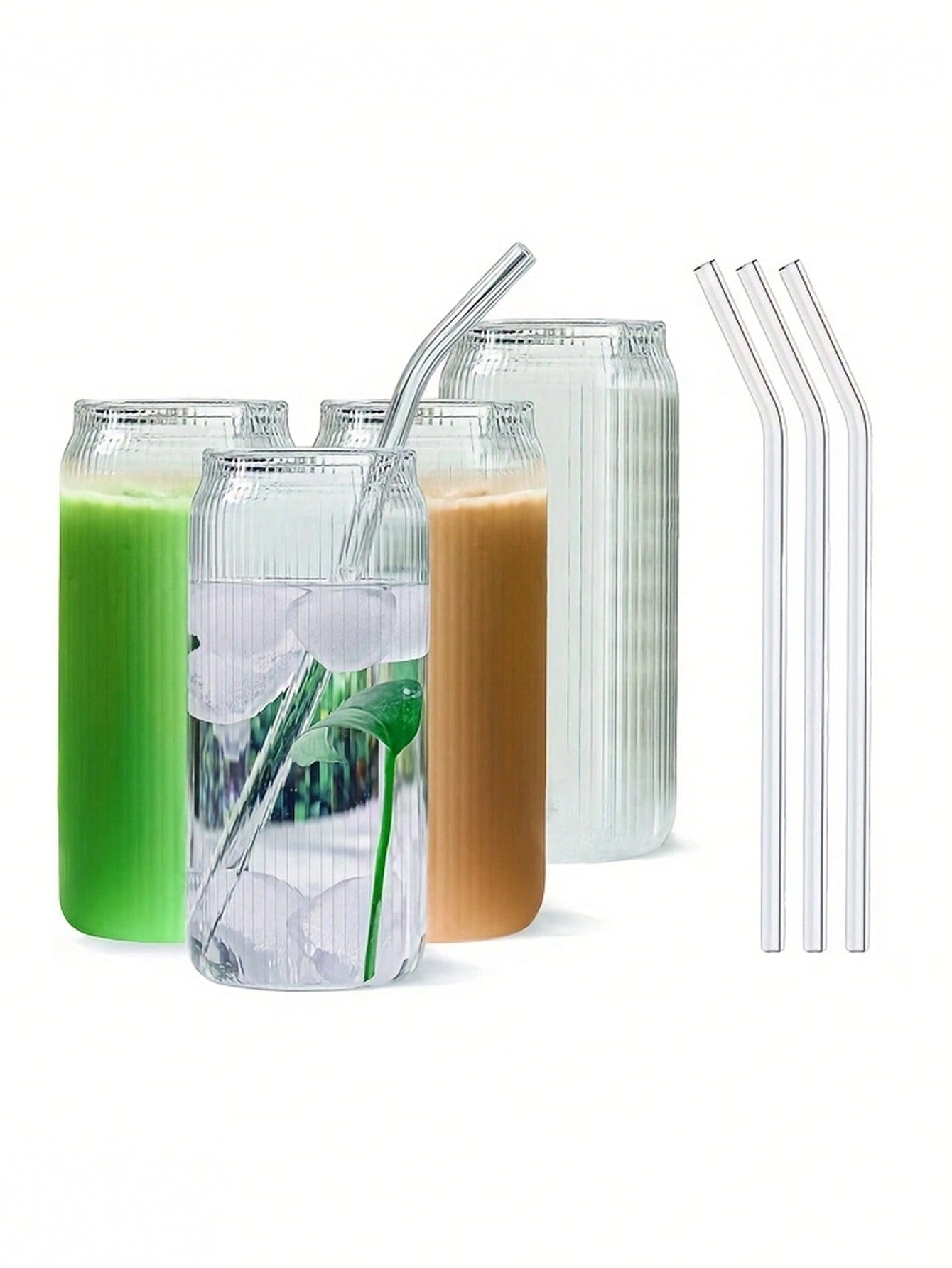 1pc/4pcs 400ml/500ml Transparent Glass Cup With Lid And Straw