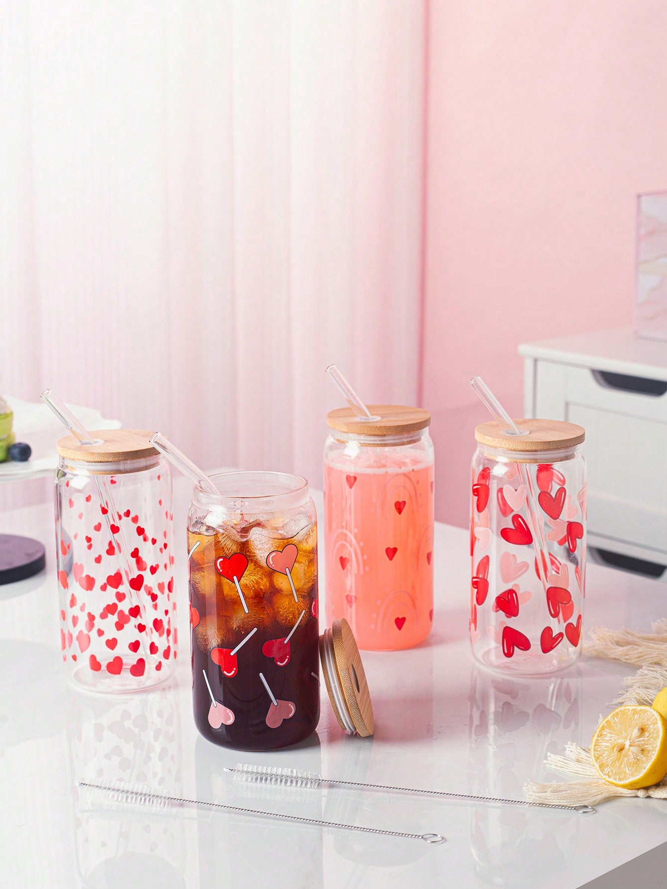 1pc/4pcs 400ml/500ml Transparent Glass Cup With Lid And Straw