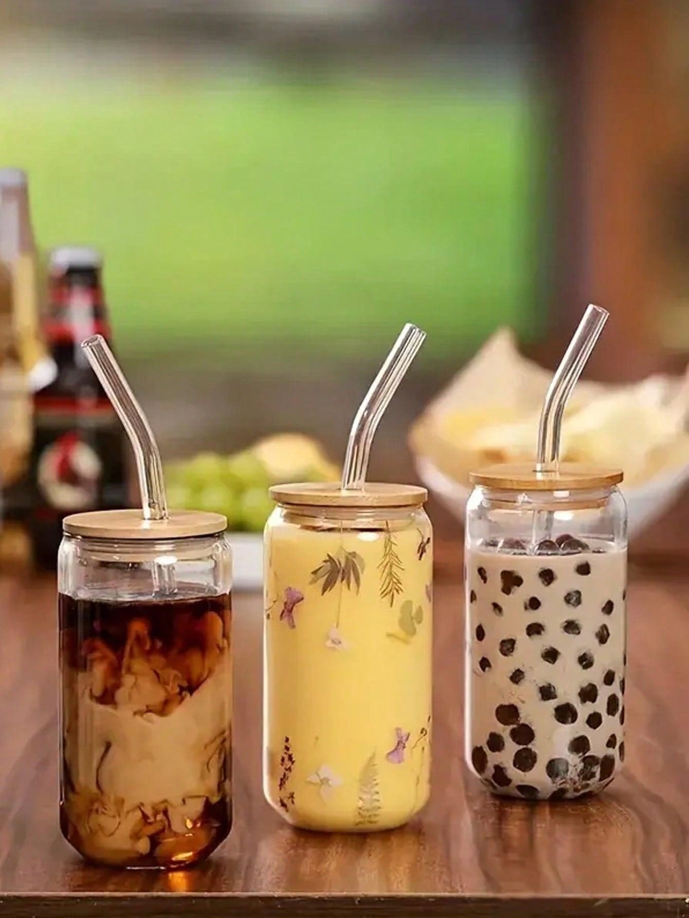 1pc/4pcs 400ml/500ml Transparent Glass Cup With Lid And Straw