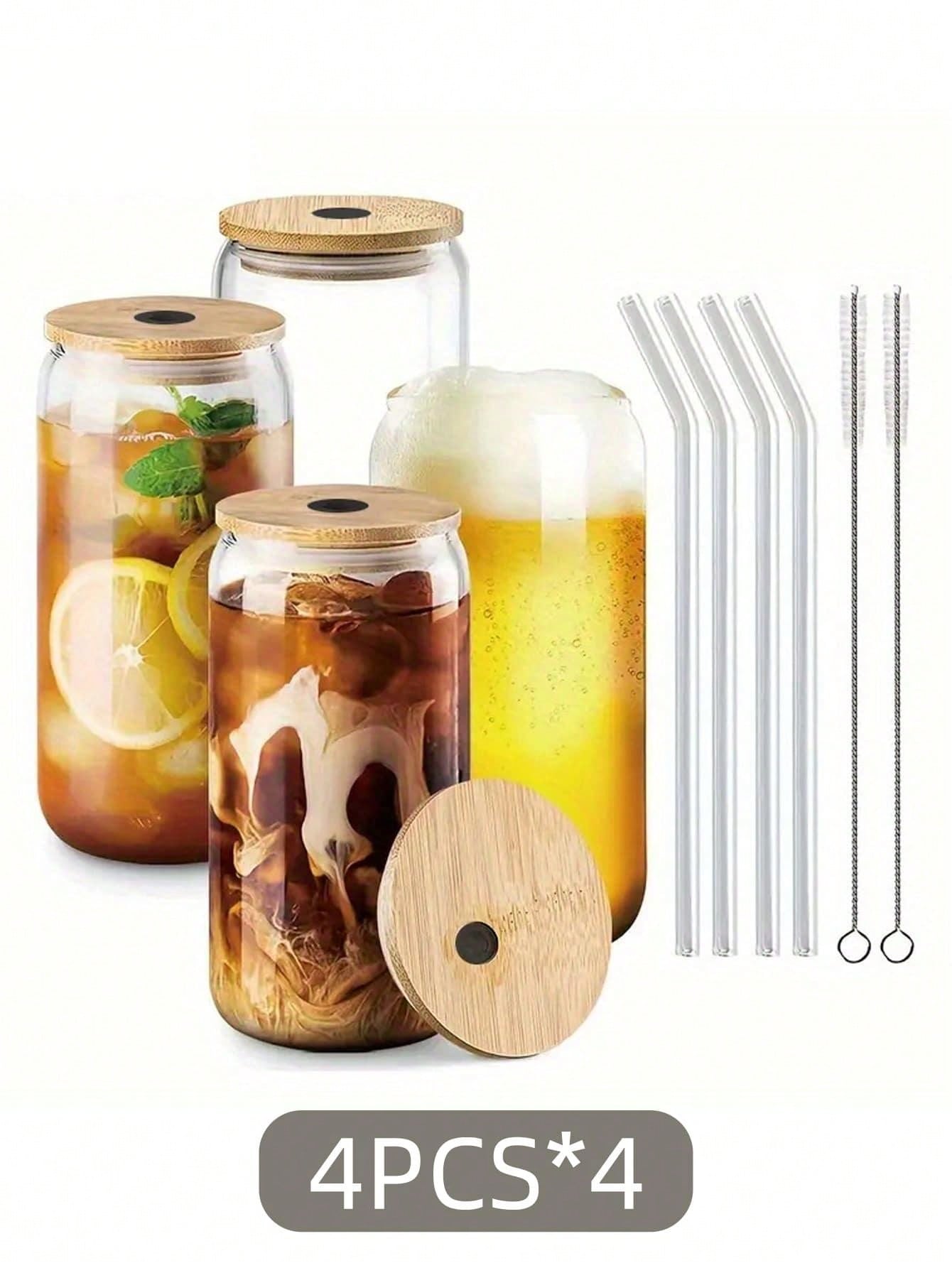 1pc/4pcs 400ml/500ml Transparent Glass Cup With Lid And Straw