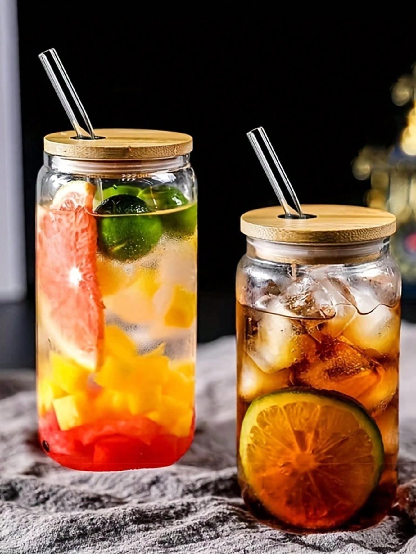 1pc/4pcs 400ml/500ml Transparent Glass Cup With Lid And Straw
