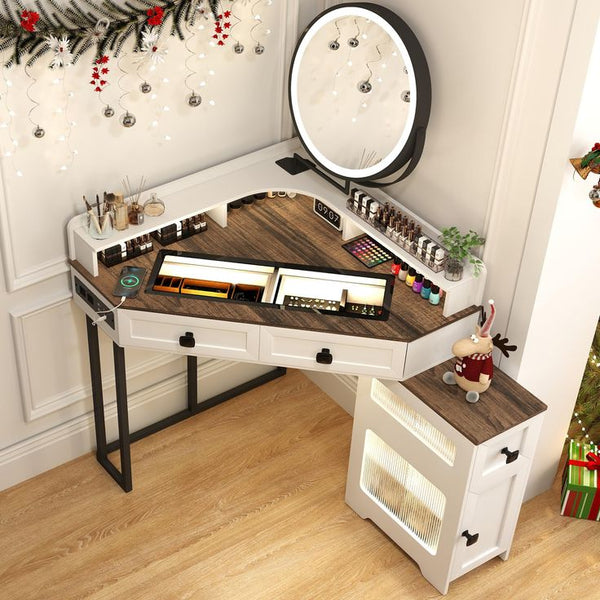 Vintage Vanity Desk Round Mirror with LED Lights, Cushioned Stool, 4 Drawers Makeup Table Kit