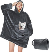 Oversized grey womens Fleece Hoodie Blanket Giant Wearable Adults plush sherpa pjamas