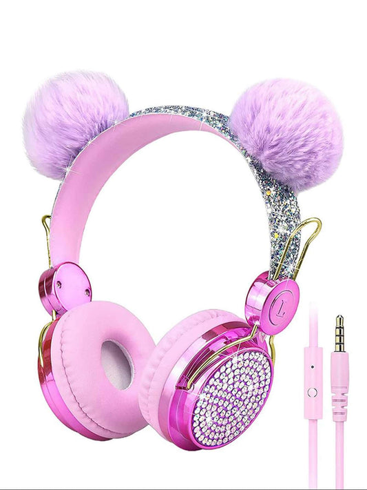Kids Ear Design Rhinestone Decor  Wired Headset